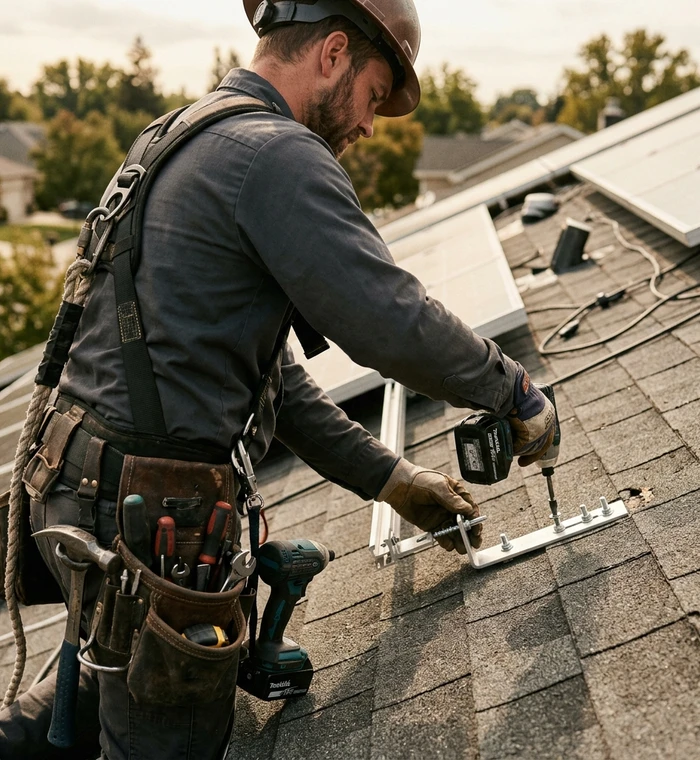 Carpenter rebuilding roof framing during a replacement