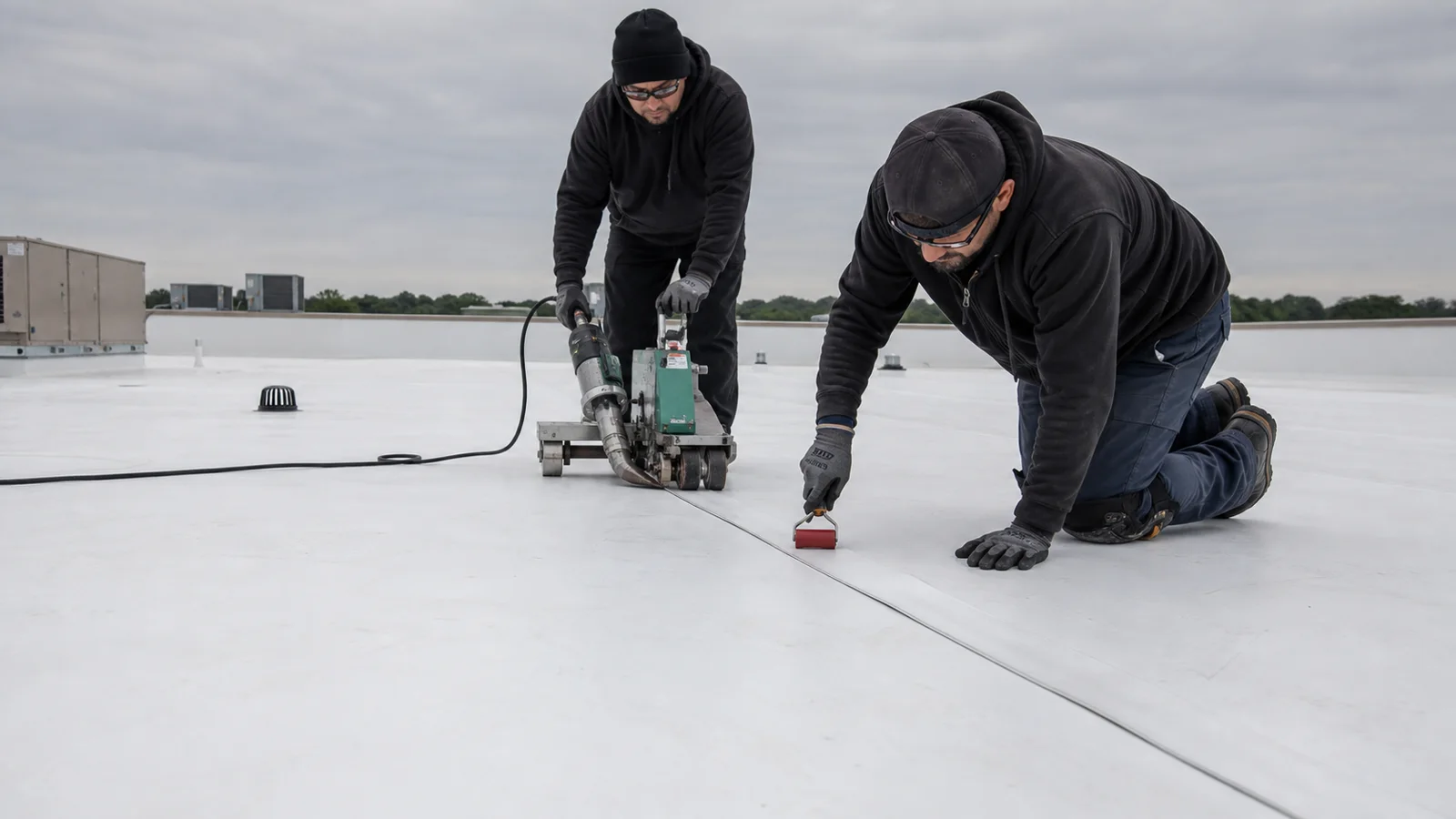 Two roofers heat-welding a white TPO membrane seam