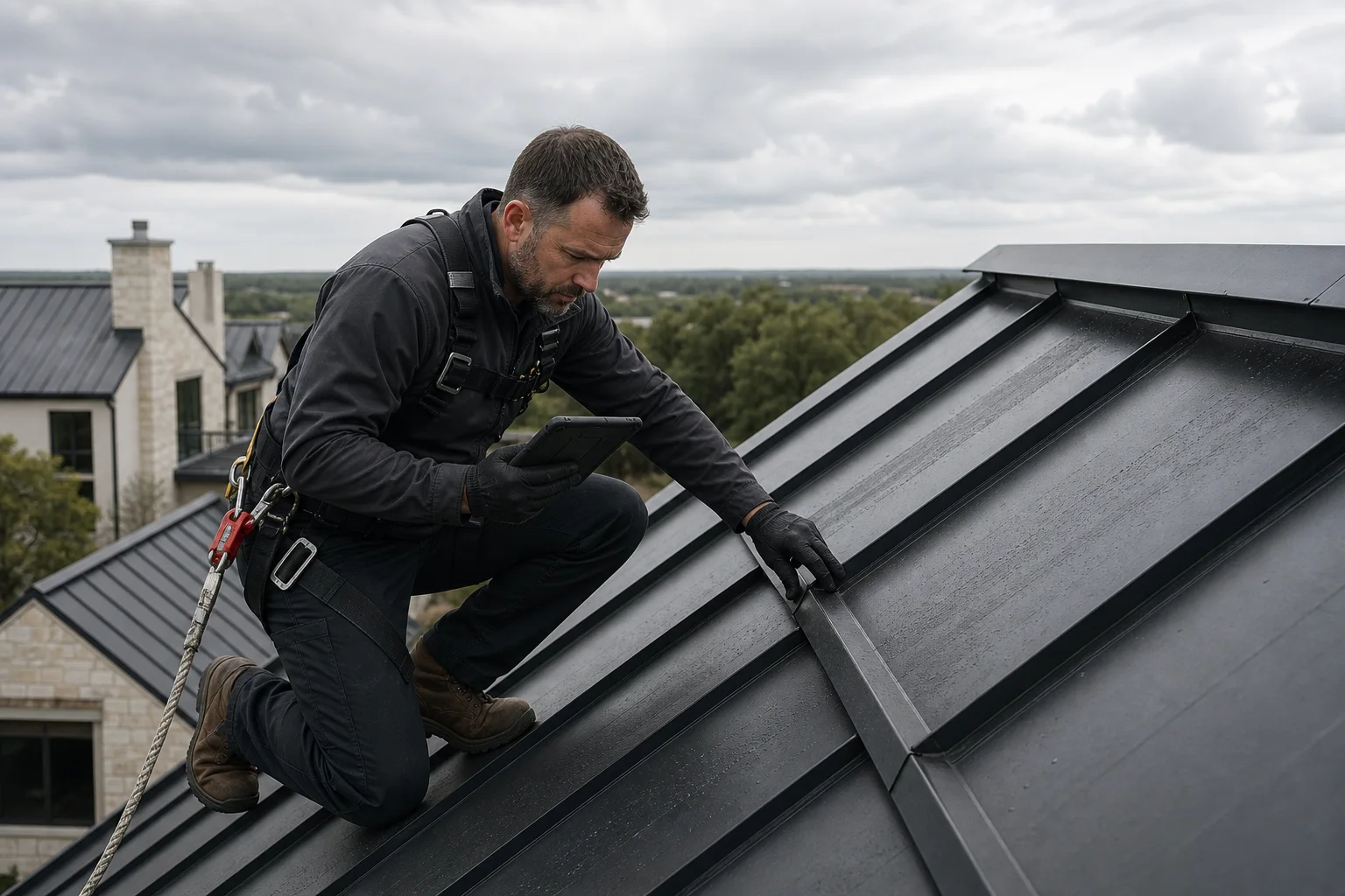 Roofing inspector checking a standing seam and recording findings on a tablet