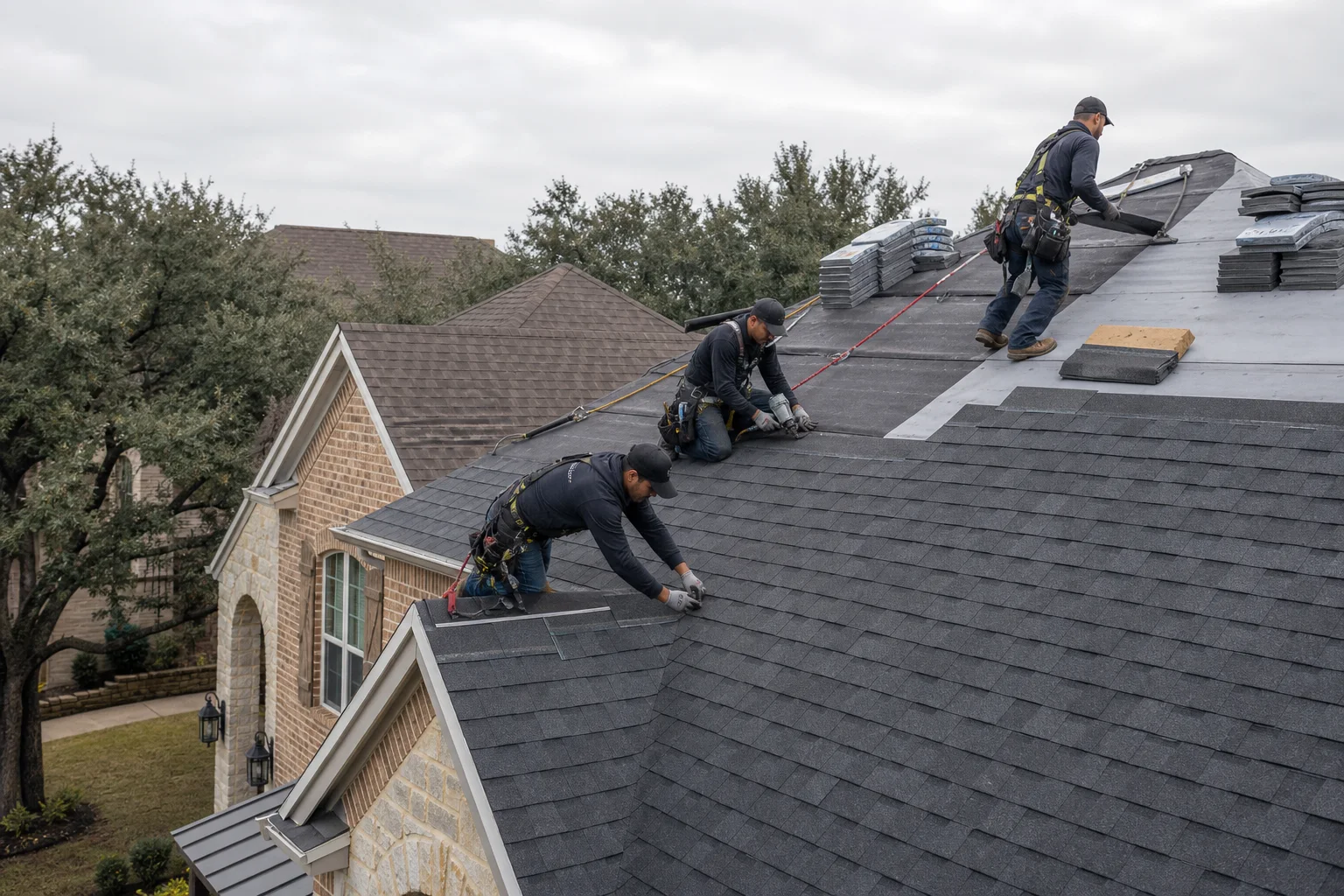 Roofing crew installing charcoal architectural shingles on a North Texas home