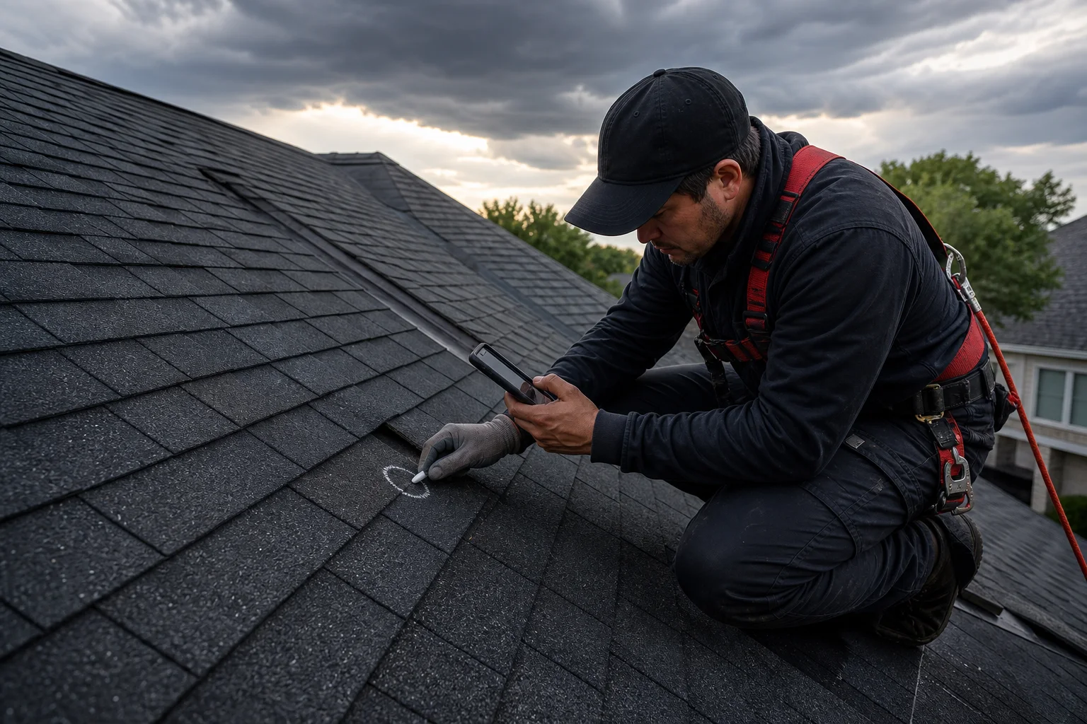 Roofer documenting subtle storm damage on an asphalt-shingle roof